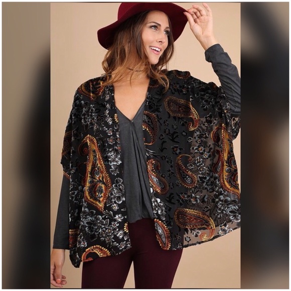 Umgee Sweaters - Black Velvet Burnout Open Front Kimono